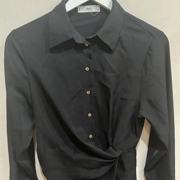 Women’s Mango Knot Detail Button Down Shirt Dress Size Medium 6 Black - Picture 6 of 8